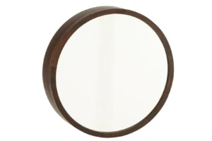 Het Spiegel uitschuifbare wandrek Conie heeft een rond ontwerp en een dik, donkerbruin mangohouten frame, afgebeeld tegen een witte achtergrond.