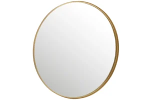De Mirror Round High Border Metal/Glass Gold Large heeft een dunne goudmetallic lijst die schuin tegen een witte achtergrond staat.
