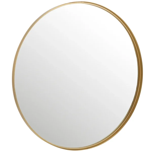 De Mirror Round High Border Metal/Glass Gold Large heeft een dunne goudmetallic lijst die schuin tegen een witte achtergrond staat.