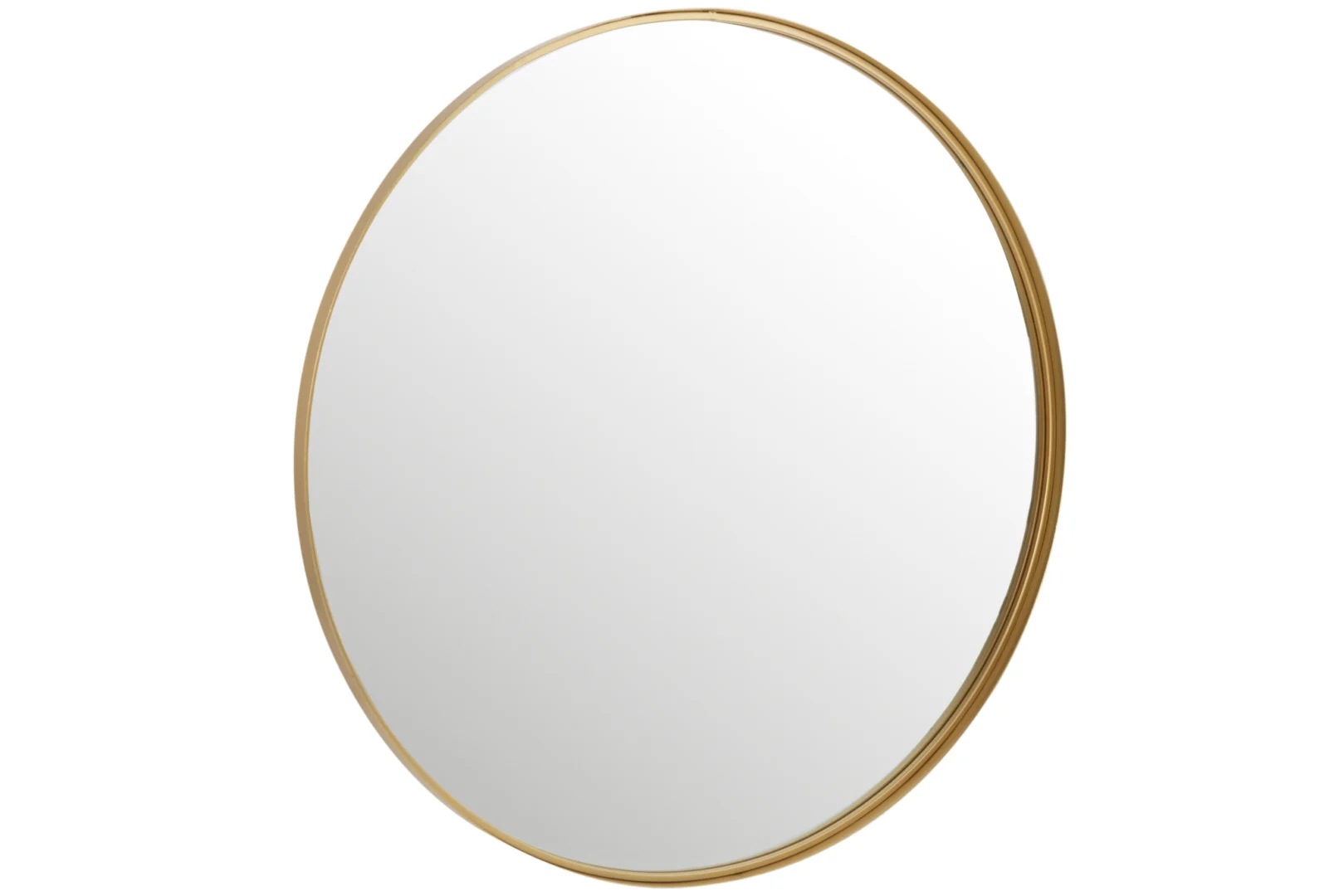 De Mirror Round High Border Metal/Glass Gold Large heeft een dunne goudmetallic lijst die schuin tegen een witte achtergrond staat.