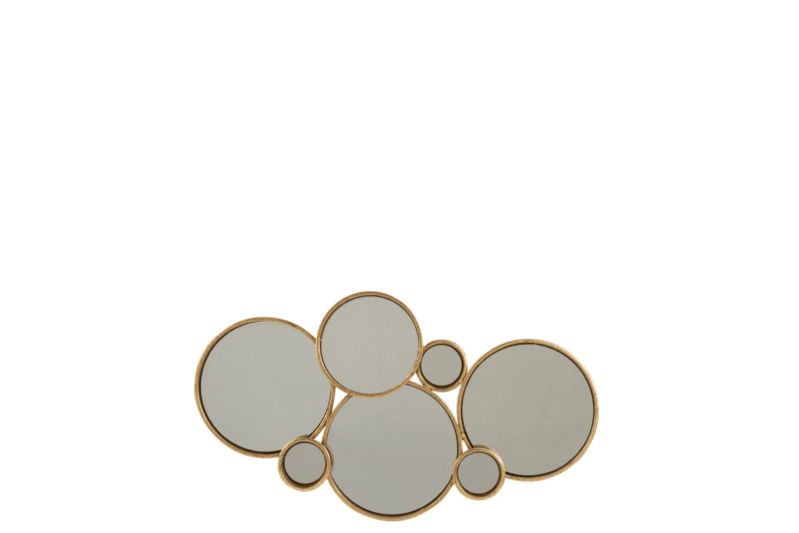 Spiegel 6 Cirkels Metaal Goud: Een stijlvolle wandspiegel met zes overlappende ronde spiegels van verschillende grootte, elk omlijst met dun goudkleurig metaal en weergegeven tegen een effen witte achtergrond.