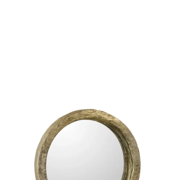 De Spiegel Poly Goud Klein is een ronde spiegel met een dikke, goudkleurige lijst met textuur tegen een effen witte achtergrond.