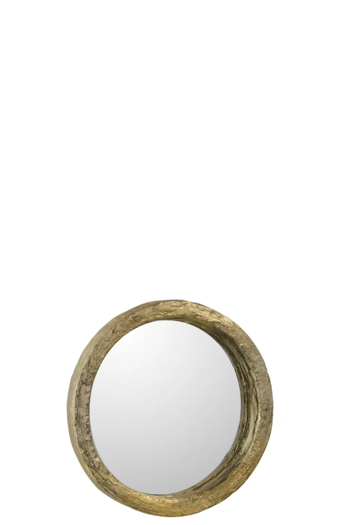 De Spiegel Poly Goud Klein is een ronde spiegel met een dikke, goudkleurige lijst met textuur tegen een effen witte achtergrond.
