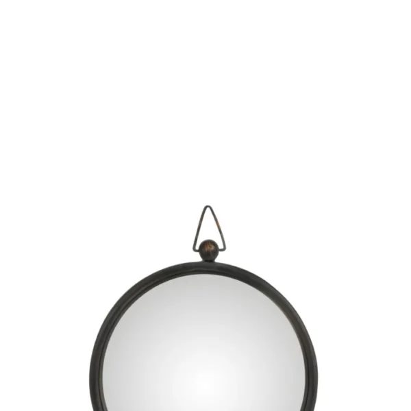 De Mirror Curved Metal Black Small is een ronde wandspiegel met een donkere lijst en een kleine driehoekige metalen hanger bovenop, gecentreerd tegen een witte achtergrond.