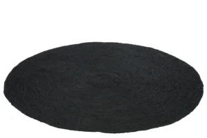 Het Vloerkleed Rond Jute Zwart is een rond, zwart jute vloerkleed met een subtiel structuurpatroon op een witte achtergrond.