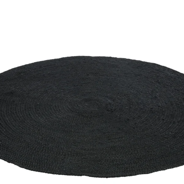 Het Vloerkleed Rond Jute Zwart is een rond, zwart jute vloerkleed met een subtiel structuurpatroon op een witte achtergrond.