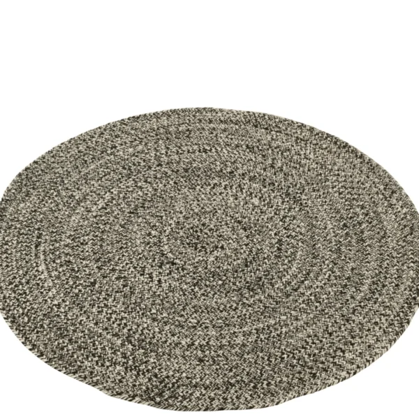Het Vloerkleed Miami Outdoor Poly Zwart/Wit Medium is een rond, strak geweven zwart-wit gevlochten vloerkleed met een subtiel spiraalpatroon, afgebeeld op een witte achtergrond.