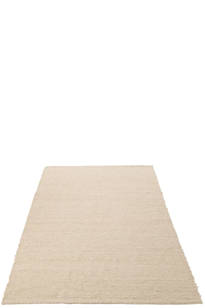 Het Vloerkleed Geweven Polyester Ecru, een rechthoekig vloerkleed in lichtbeige, wordt getoond op een witte achtergrond vanuit een lage hoek, waardoor het gestructureerde oppervlak en het minimalistische ontwerp worden benadrukt.