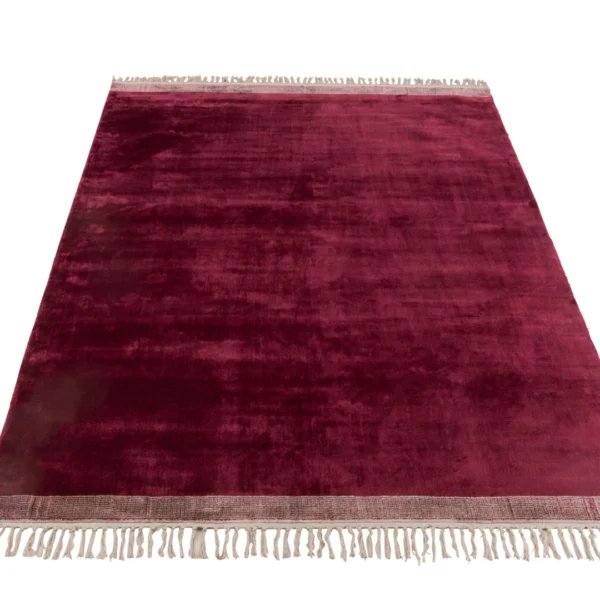 De Vloerkleed Kwastjes Viscose Aubergine is een rechthoekig, pluche kastanjebruin vloerkleed met een zachte textuur en witte franje aan elk uiteinde, afgebeeld op een witte achtergrond.
