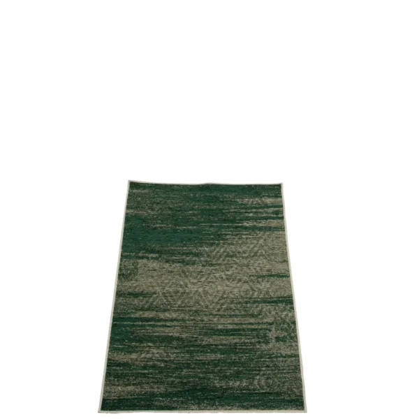 Het Vloerkleed Onregelmatig Acrylvezel Groen Klein is een klein rechthoekig vloerkleed in groen en beige, met een gevlekt structuurpatroon, geïsoleerd afgebeeld op een witte achtergrond.