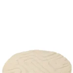Het Vloerkleed Abstracte Lijnen Rond Wol Ecru is een rond, crèmekleurig vloerkleed met een verhoogd, abstract geometrisch patroon op een witte achtergrond.