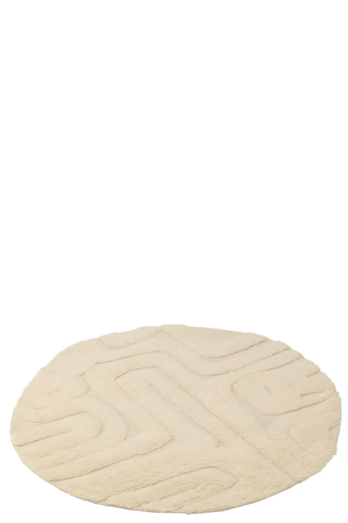 Het Vloerkleed Abstracte Lijnen Rond Wol Ecru is een rond, crèmekleurig vloerkleed met een verhoogd, abstract geometrisch patroon op een witte achtergrond.