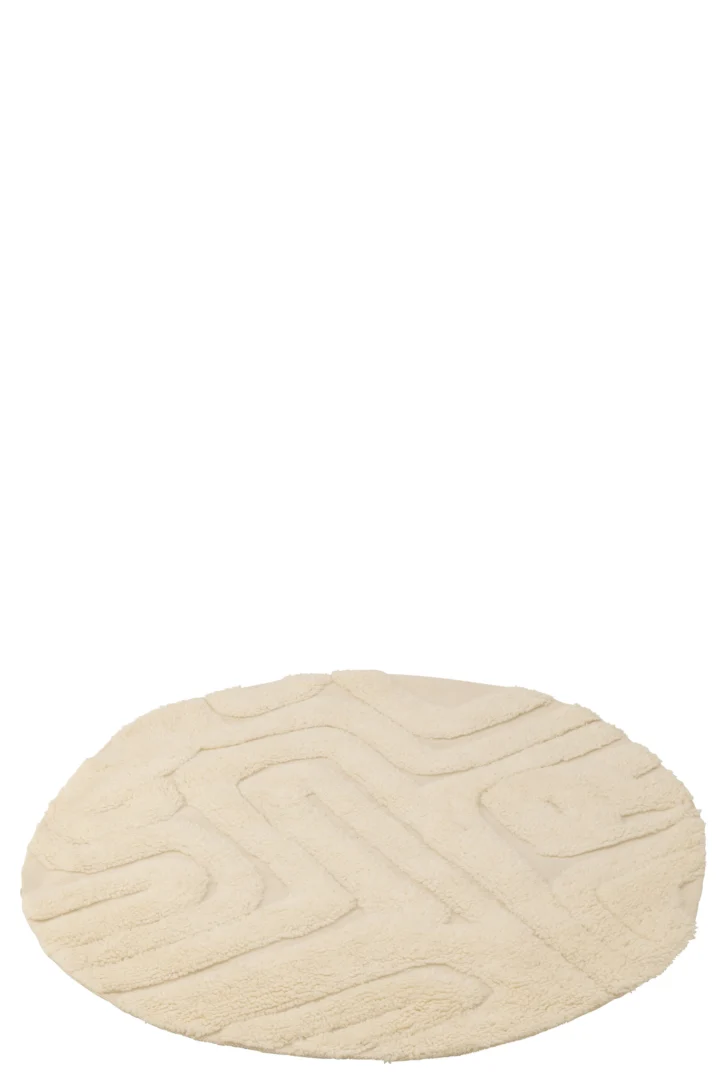 Het Vloerkleed Abstracte Lijnen Rond Wol Ecru is een rond, crèmekleurig vloerkleed met een verhoogd, abstract geometrisch patroon op een witte achtergrond.