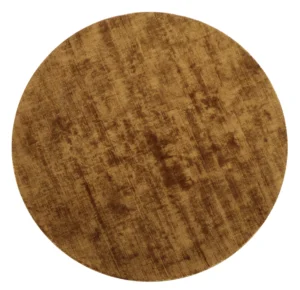 De Vloerkleed Rond Handgemaakt Viskose Bruin is een rond, handgemaakt vloerkleed met een gestructureerd, gevlekt bruin patroon met gouden accenten voor een warme en rustieke uitstraling.