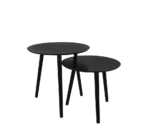 De Bijzettafel Mirrors and More VILANA bestaat uit twee ronde zwarte bijzettafels, elk met drie poten, waarbij de kleinere tafel gedeeltelijk onder de grotere tafel is geschoven.