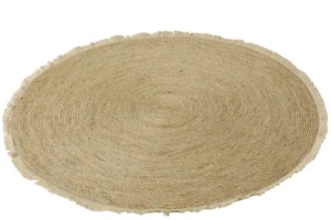 De Vloerkleed Kwastband Maïsschil/Katoen in beige en wit is een rond geweven vloerkleed met een subtiele franjerand, afgebeeld op een witte ondergrond.