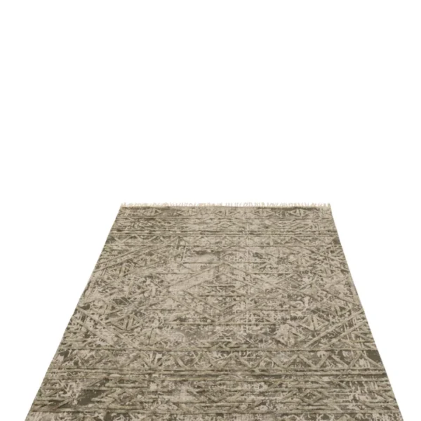 Het Vloerkleed Motief Katoen Vierkant in grijs/groen toont een abstract patroon in aardgroene en grijze tinten met korte beige franjes aan de uiteinden, plat weergegeven op een witte achtergrond.