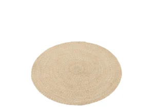 Het Vloerkleed Miami Outdoor Poly Naturel/Wit Klein is een rond, beige geweven vloerkleed met een natuurlijke textuur, afgebeeld op een witte ondergrond.