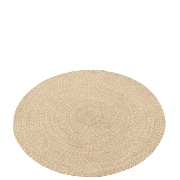 Het Vloerkleed Miami Outdoor Poly Naturel/Wit Klein is een rond, beige geweven vloerkleed met een natuurlijke textuur, afgebeeld op een witte ondergrond.