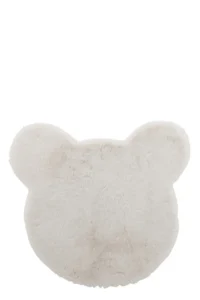 Het Vloerkleed Hoofd Bier Polyester Wit is een donzig, crèmekleurig kleed in de vorm van een berenhoofd met afgeronde oren op een witte achtergrond.