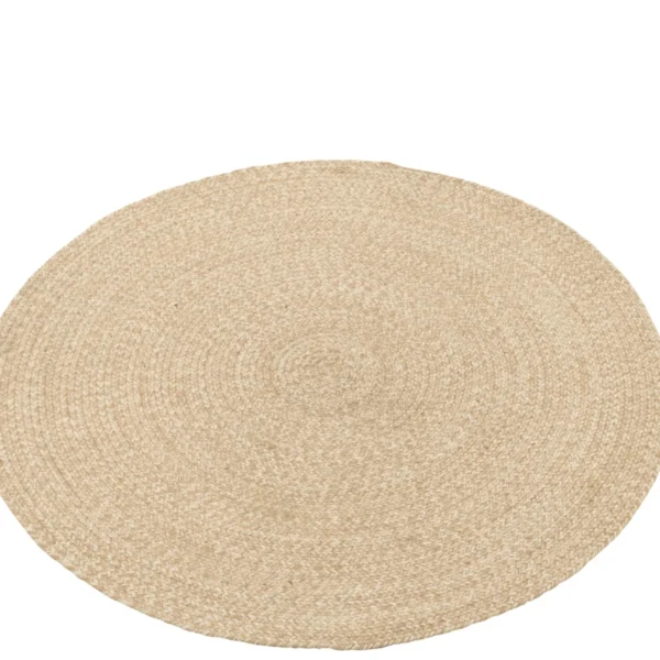 Het Vloerkleed Miami Outdoor Poly Naturel/Wit Medium is een rond, geweven beige vloerkleed met een natuurlijke vezelstructuur, van bovenaf gezien op een witte achtergrond.
