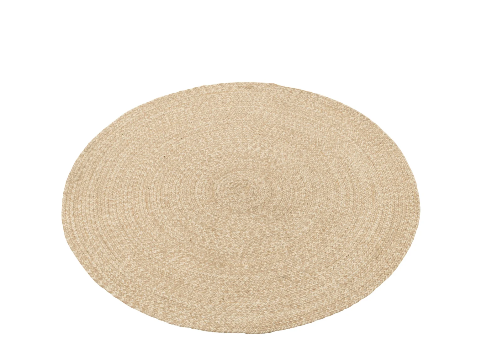 Het Vloerkleed Miami Outdoor Poly Naturel/Wit Medium is een rond, geweven beige vloerkleed met een natuurlijke vezelstructuur, van bovenaf gezien op een witte achtergrond.
