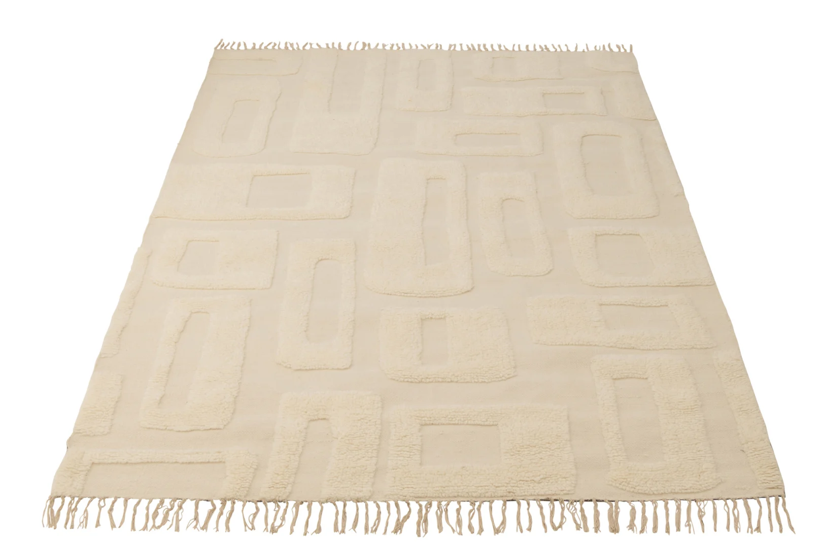 De Vloerkleed Abstracte Lijnen Wol Ecru is een beige rechthoekig vloerkleed met een geometrisch verhoogd patroon van rechthoeken en ovalen, met franjes aan de korte zijden.