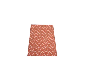 Het Vloerkleed Patroon Acrylvezel Oranje/Wit Klein is een rechthoekig vloerkleed met een oranje en wit patroon, van bovenaf gezien tegen een witte achtergrond.