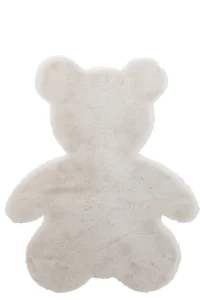 Het Vloerkleed Beer Polyester Wit is een pluche, gebroken wit vloerkleed in de vorm van een teddybeer, met afgeronde oren, armen en benen voor een schattig silhouet. Afgebeeld van bovenaf op een witte achtergrond.