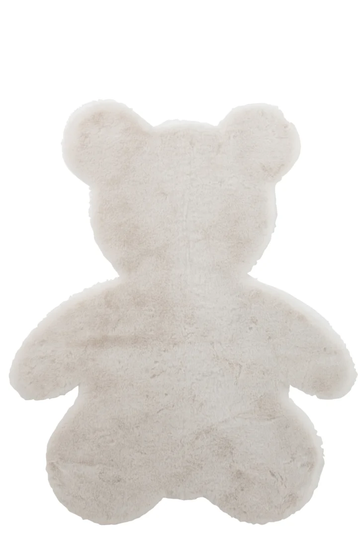 Het Vloerkleed Beer Polyester Wit is een pluche, gebroken wit vloerkleed in de vorm van een teddybeer, met afgeronde oren, armen en benen voor een schattig silhouet. Afgebeeld van bovenaf op een witte achtergrond.