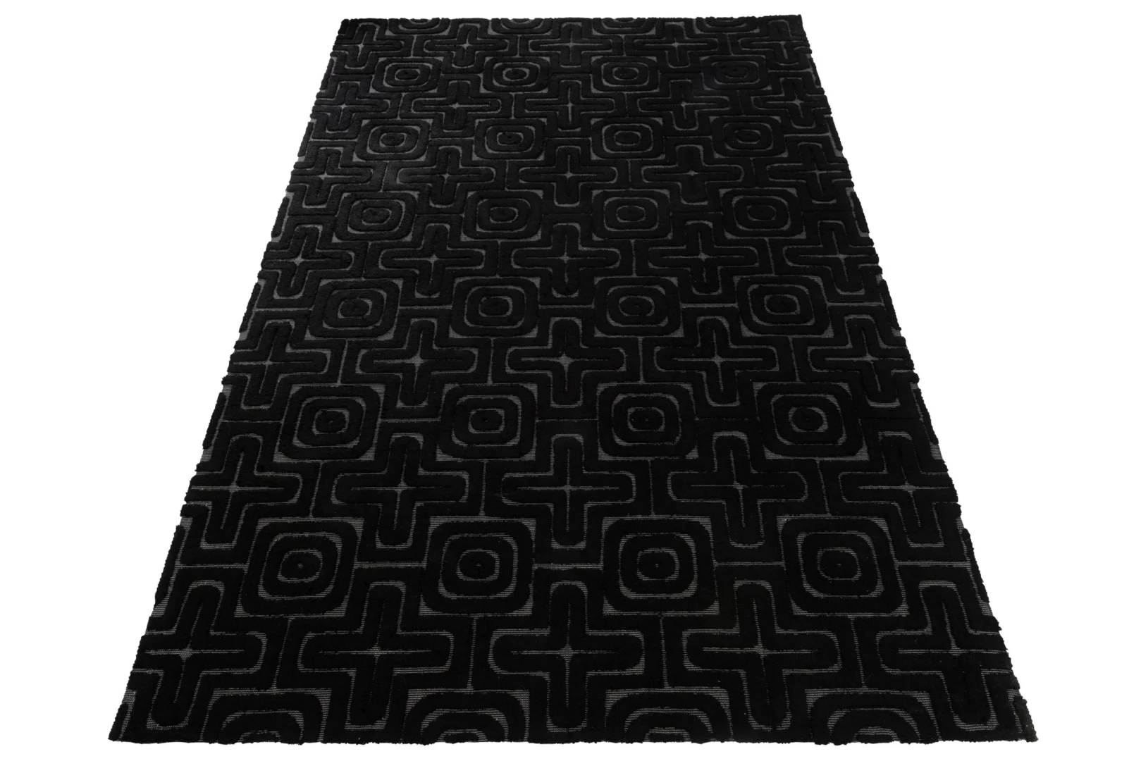 Het Vloerkleed Reliëf Viscose Zwart is een rechthoekig zwart vloerkleed met een geometrisch patroon van elkaar kruisende lijnen, cirkels en vierkanten in donkergrijze tinten.