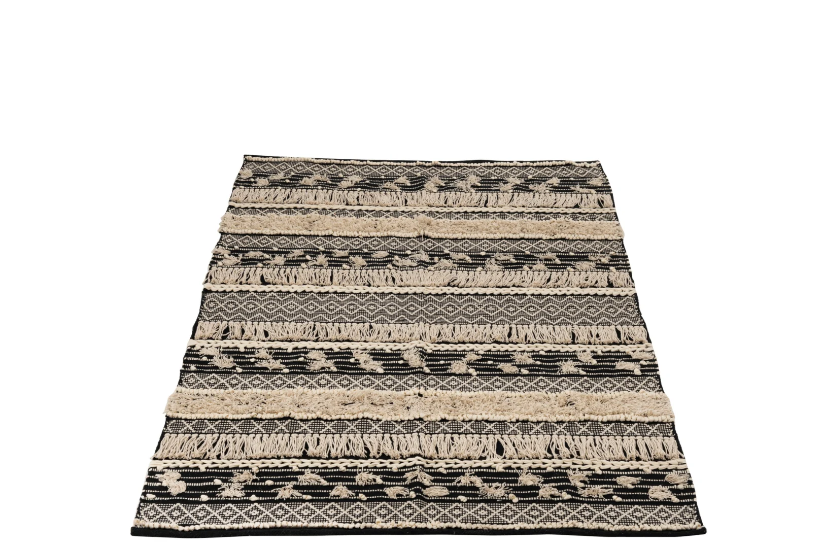 Vloerkleed Monochroom Katoen Zwart/Wit Groot is een rechthoekig vloerkleed met afwisselend zwarte en witte patronen met geometrische vormen, zigzagpatronen en verhoogde getufte delen op een witte achtergrond.