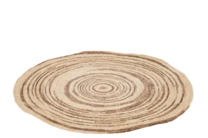 Het Vloerkleed Rond Maïs Beige/Bruin is een rond vloerkleed in beige en bruin met concentrische cirkelvormige patronen die doen denken aan boomringen op een witte achtergrond.