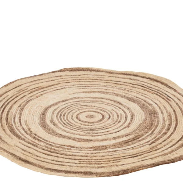 Het Vloerkleed Rond Maïs Beige/Bruin is een rond vloerkleed in beige en bruin met concentrische cirkelvormige patronen die doen denken aan boomringen op een witte achtergrond.