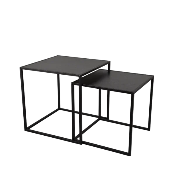 De Mirrors and More Bijzettafel JUDY bestaat uit twee strakke, zwarte nesttafels met vierkante bladen en slanke metalen frames. De set bestaat uit een grotere, hogere tafel met een kleinere tafel die er netjes onder kan worden geschoven.