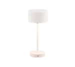 De REALITY Tafellamp JEFF is een moderne, minimalistische witte tafellamp met een cilindrische kap, rechte steel en ronde voet, die verlicht wordt tegen een witte achtergrond.