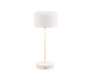 De REALITY Tafellamp JEFF is een moderne, minimalistische witte tafellamp met een cilindrische kap, rechte steel en ronde voet, die verlicht wordt tegen een witte achtergrond.
