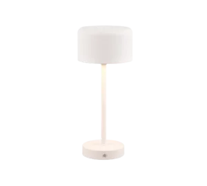 De REALITY Tafellamp JEFF is een moderne, minimalistische witte tafellamp met een cilindrische kap, rechte steel en ronde voet, die verlicht wordt tegen een witte achtergrond.