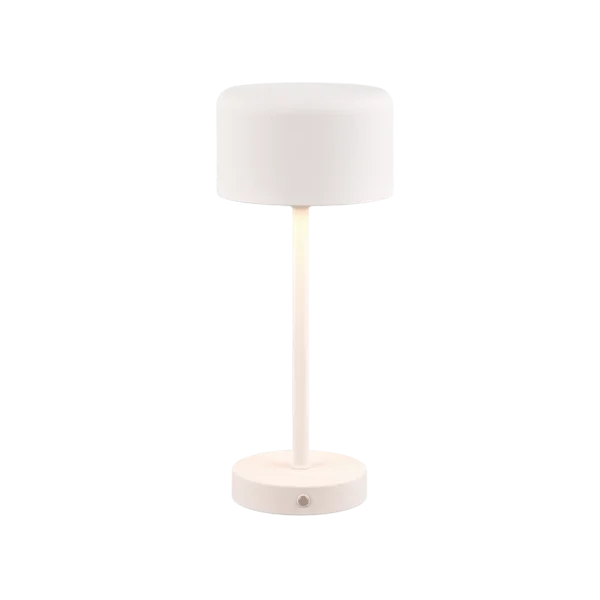 De REALITY Tafellamp JEFF is een moderne, minimalistische witte tafellamp met een cilindrische kap, rechte steel en ronde voet, die verlicht wordt tegen een witte achtergrond.