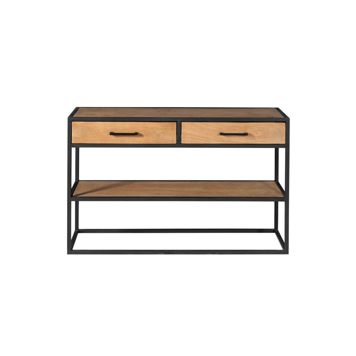 De Sidetable Denver heeft een minimalistisch, industrieel ontwerp met een zwart metalen frame, twee mangohouten lades met zwarte handgrepen en twee open mangohouten planken eronder.