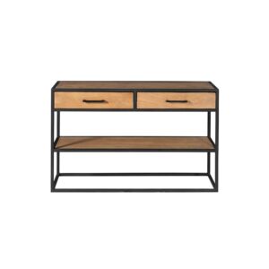De Sidetable Denver heeft een minimalistisch, industrieel ontwerp met een zwart metalen frame, twee mangohouten lades met zwarte handgrepen en twee open mangohouten planken eronder.
