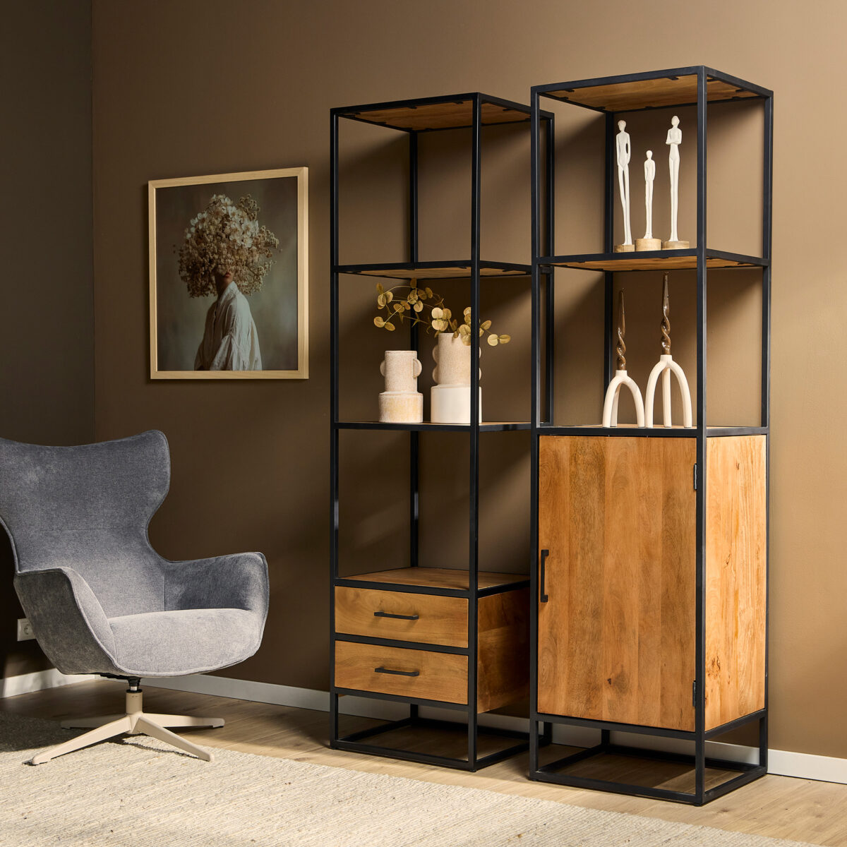Boekenkast Denver | Mangohout en staal | 1 deur - Afbeelding 1
