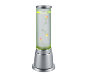 De REALITY Tafellamp CASA is een cilindervormige tafellamp met een zilverkleurige voet en bovenkant, met binnenin water en drie kunstkwallen, verlicht door groen en geel licht.