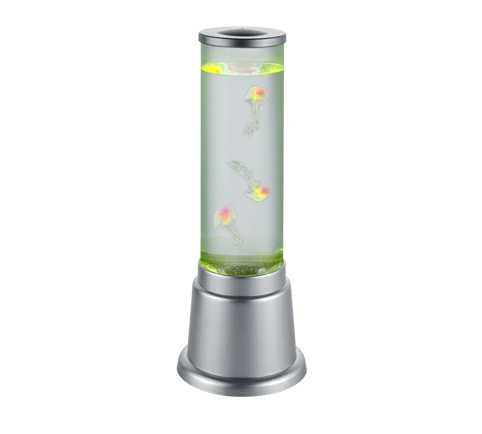 De REALITY Tafellamp JELLY is een cilindervormige lamp met zilveren details, gevuld met groen getint water en met daarin drie drijvende kunstkwallen.