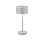 De REALITY Tafellamp JEFF heeft een modern, minimalistisch ontwerp met een cilindrische voet, slanke verticale steel en koepelvormige kap in een zachte, neutrale kleur. Ingeschakeld werpt hij subtiel neerwaarts licht.