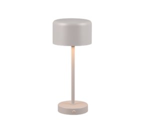 De REALITY Tafellamp JEFF heeft een modern, minimalistisch ontwerp met een cilindrische voet, slanke verticale steel en koepelvormige kap in een zachte, neutrale kleur. Ingeschakeld werpt hij subtiel neerwaarts licht.