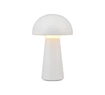 De REALITY Tafellamp LENNON is een minimalistische, moderne witte tafellamp met een koepelvormige kap en cilindrische voet, die van binnenuit zacht oplicht en doet denken aan een paddenstoel.