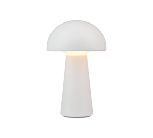 De REALITY Tafellamp LENNON is een minimalistische, moderne witte tafellamp met een koepelvormige kap en cilindrische voet, die van binnenuit zacht oplicht en doet denken aan een paddenstoel.