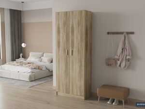 Een moderne slaapkamer met een laag bed, SALE - Opbergkast 'Space' 2 deuren en 5 legplanken Sonoma (1c) houten kledingkast, wandhaken met jas en tas, een bank, groot raam met gordijnen, lichte houten vloeren en neutrale muren.