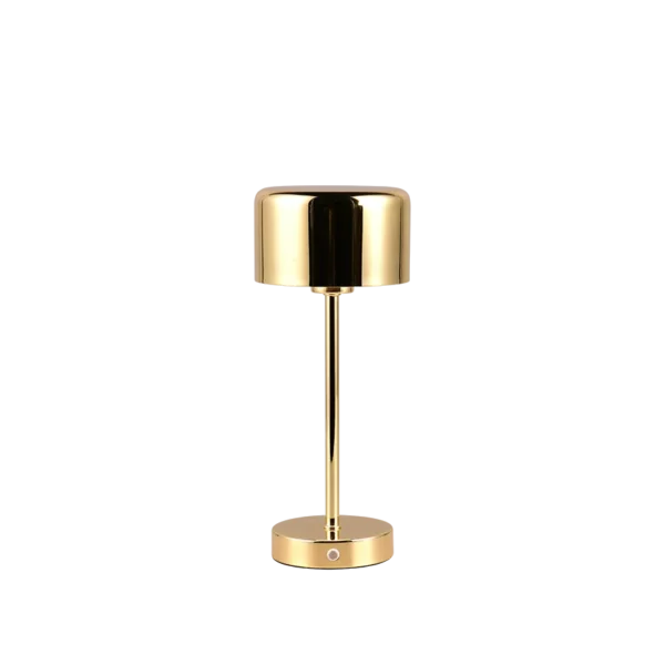 De REALITY Tafellamp JEFF heeft een modern gouden ontwerp met een cilindrische kap, slanke verticale steel en ronde metalen voet. De reflecterende afwerking en minimalistische stijl geven elke ruimte een elegante uitstraling.